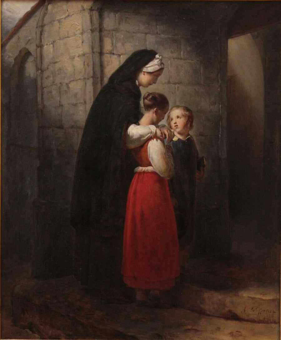 En syge mor, der går i kirke, støttet af sine to børn - Ary Scheffer