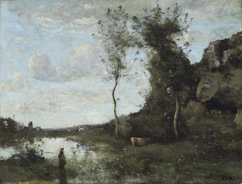 En bondekvinde og hendes ko ved dammen med udsigt til en landsby - Jean-Baptiste Camille Corot