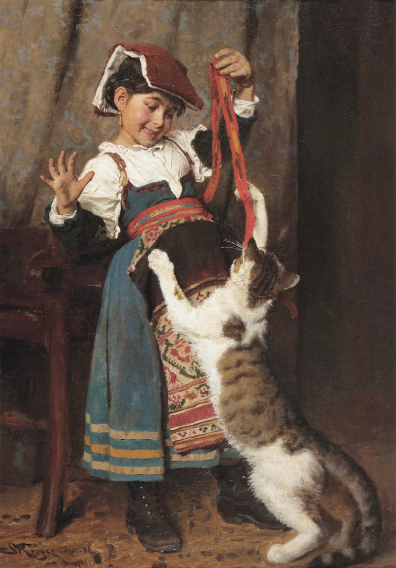 En lille pige i bondekjole, leger med en kat. - Peder Severin Krøyer