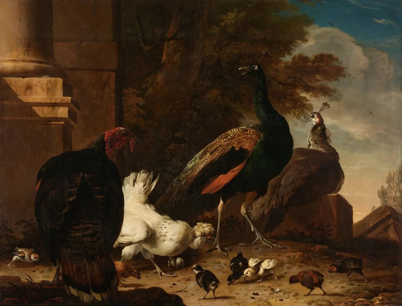 En høne med påfugle og en kalkun - Melchior de Hondecoeter
