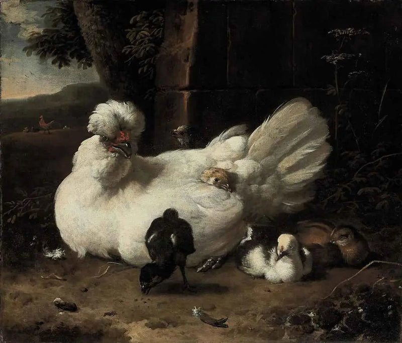 En høne med kyllinger i et landskab - Melchior de Hondecoeter