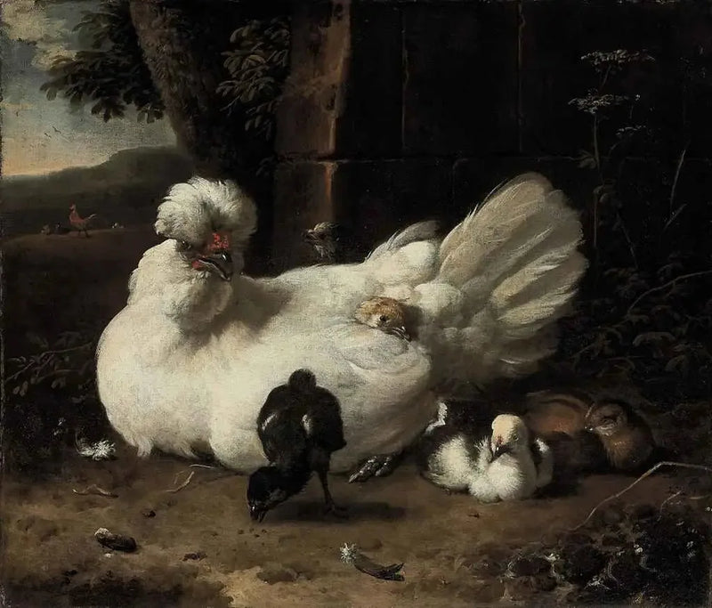 En høne med kyllinger i et landskab - Melchior de Hondecoeter