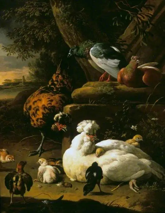 En høne med kyllinger, en hane og duer i et landskab - Melchior de Hondecoeter