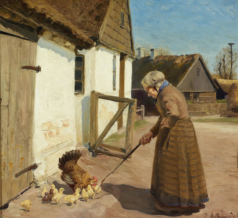 En høne med sine kyllinger. - H. A. Brendekilde