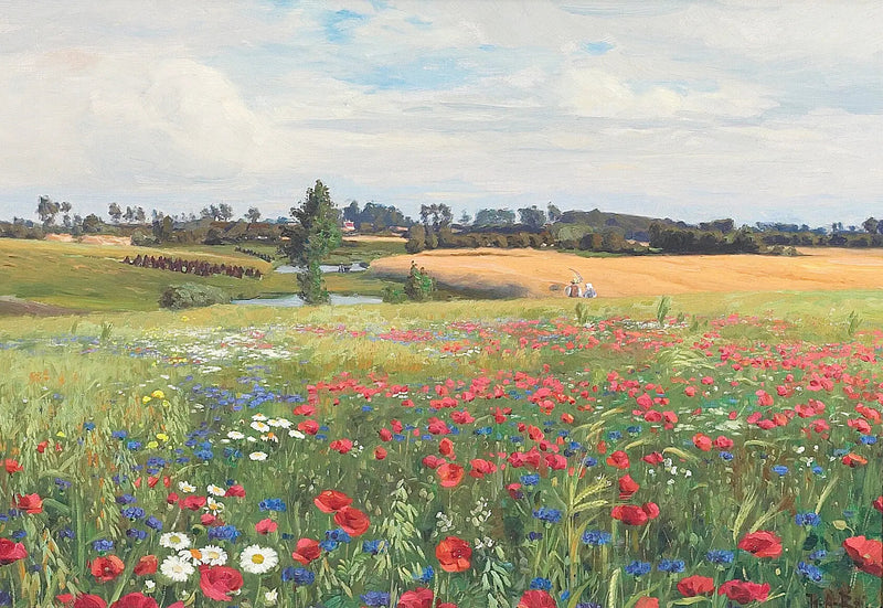En blomstrende eng med valmuer, leucanthemer og blåklokker. - H. A. Brendekilde