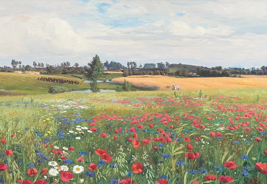 Une prairie en fleurs, avec des coquelicots, des leucanthèmes et des bleuets. - H. A. Brendekilde image 1 reproduction artisanale de tableau