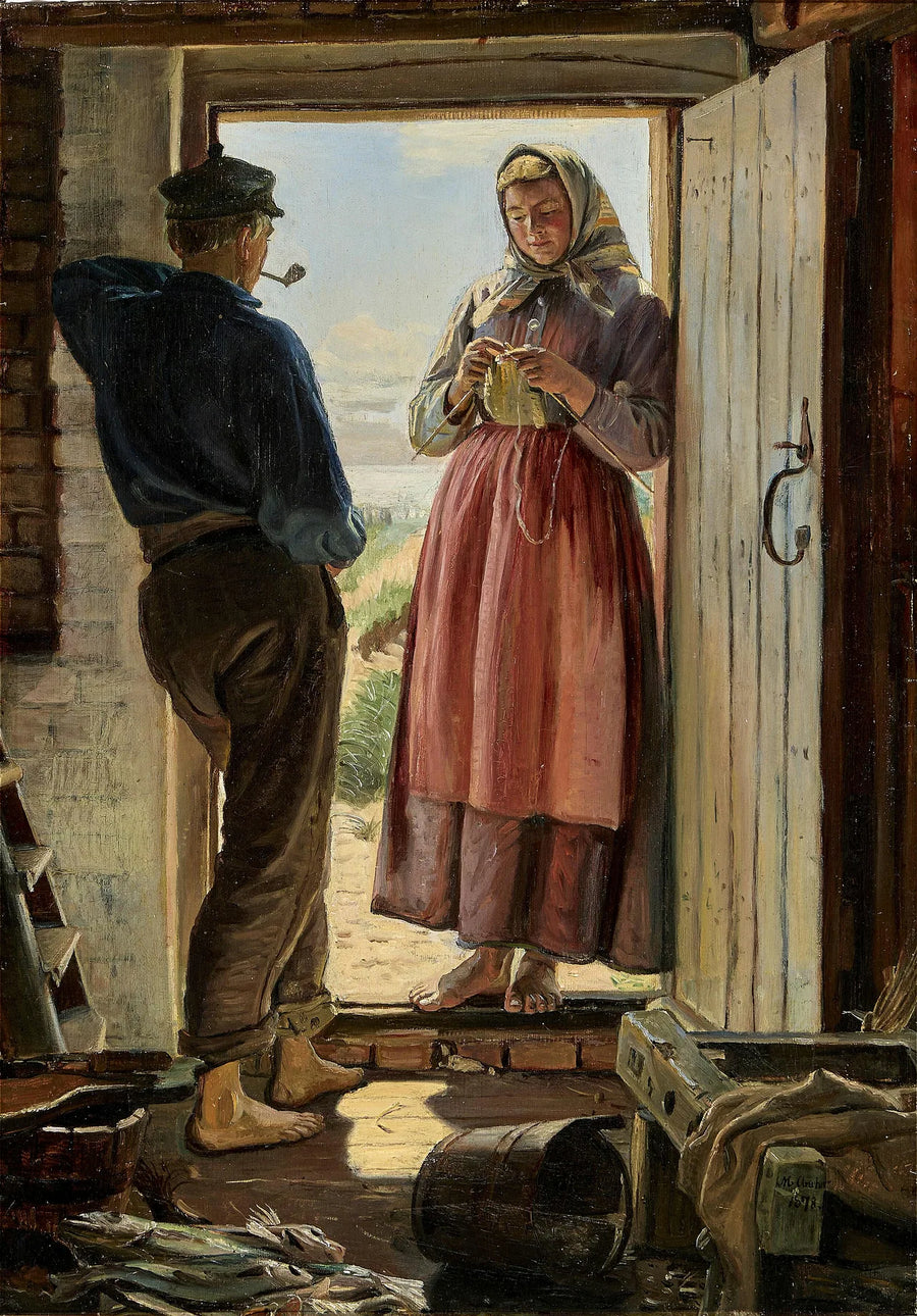 Et forslag. En ung fisker og en ung kvinde strikker i en døråbning. - Michael Peter Ancher