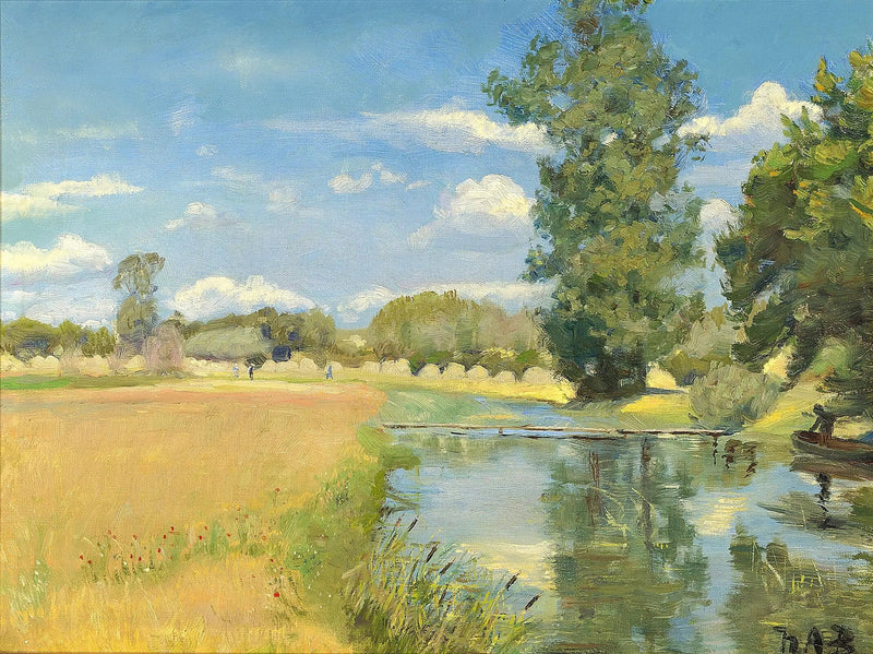 En flod, der krydser et landskab under høsttiden. - H. A. Brendekilde