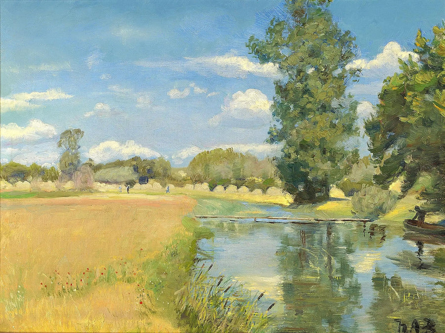 En flod, der krydser et landskab under høsttiden. - H. A. Brendekilde
