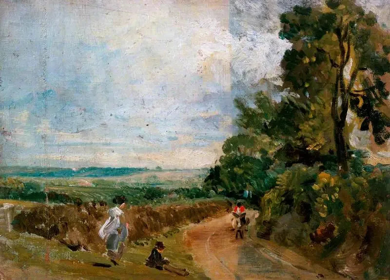 En landevej med træer og personer (forside) - John Constable