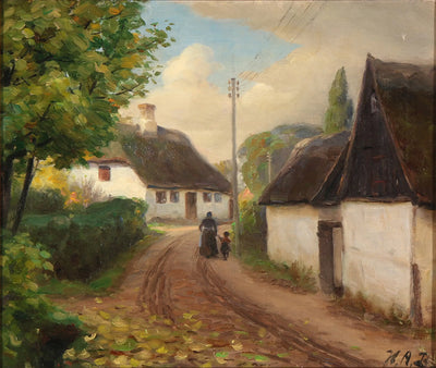 Une route de village avec une femme et un enfant marchant main dans la main - H. A. Brendekilde - Alpha Reproduction