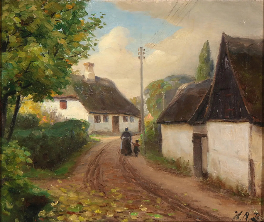 En landsbyvej med en kvinde og et barn, der går hånd i hånd - H. A. Brendekilde