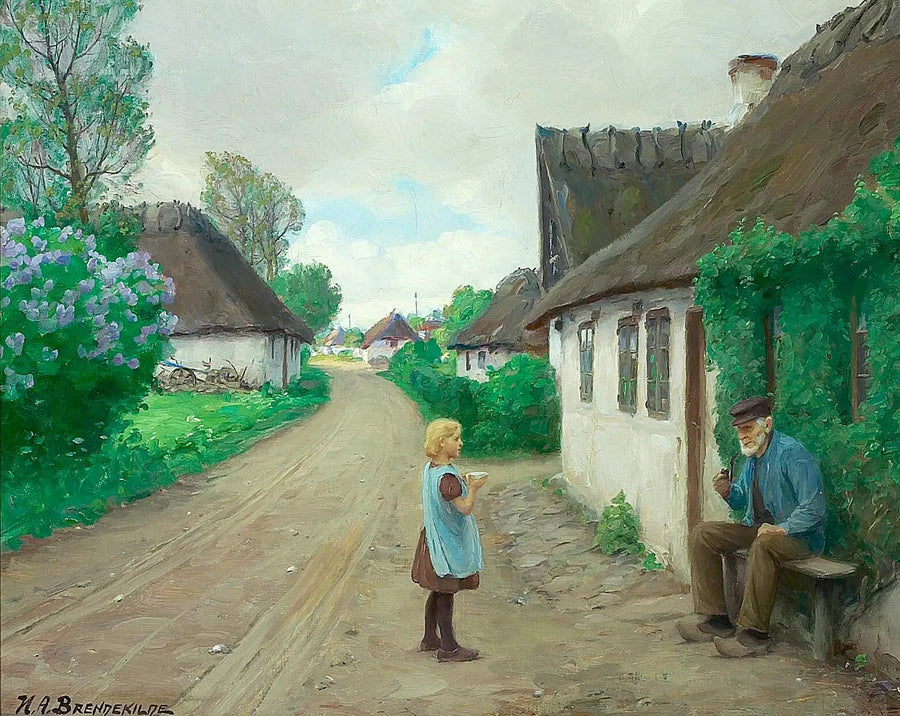 En landsbyvej med en ung pige, der taler med den gamle Jens Wilhelm fra Jyllinge, 93 år gammel. - H. A. Brendekilde