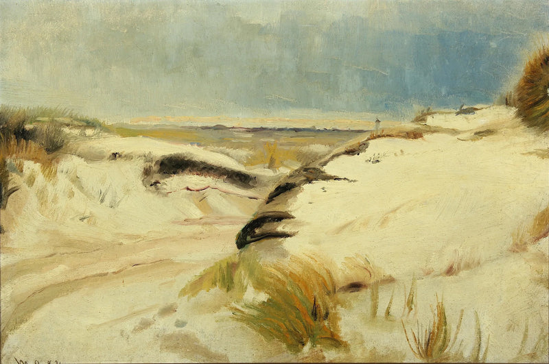 En vej, der snor sig gennem klitterne, og et fyrtårn i det fjerne. - Michael Peter Ancher