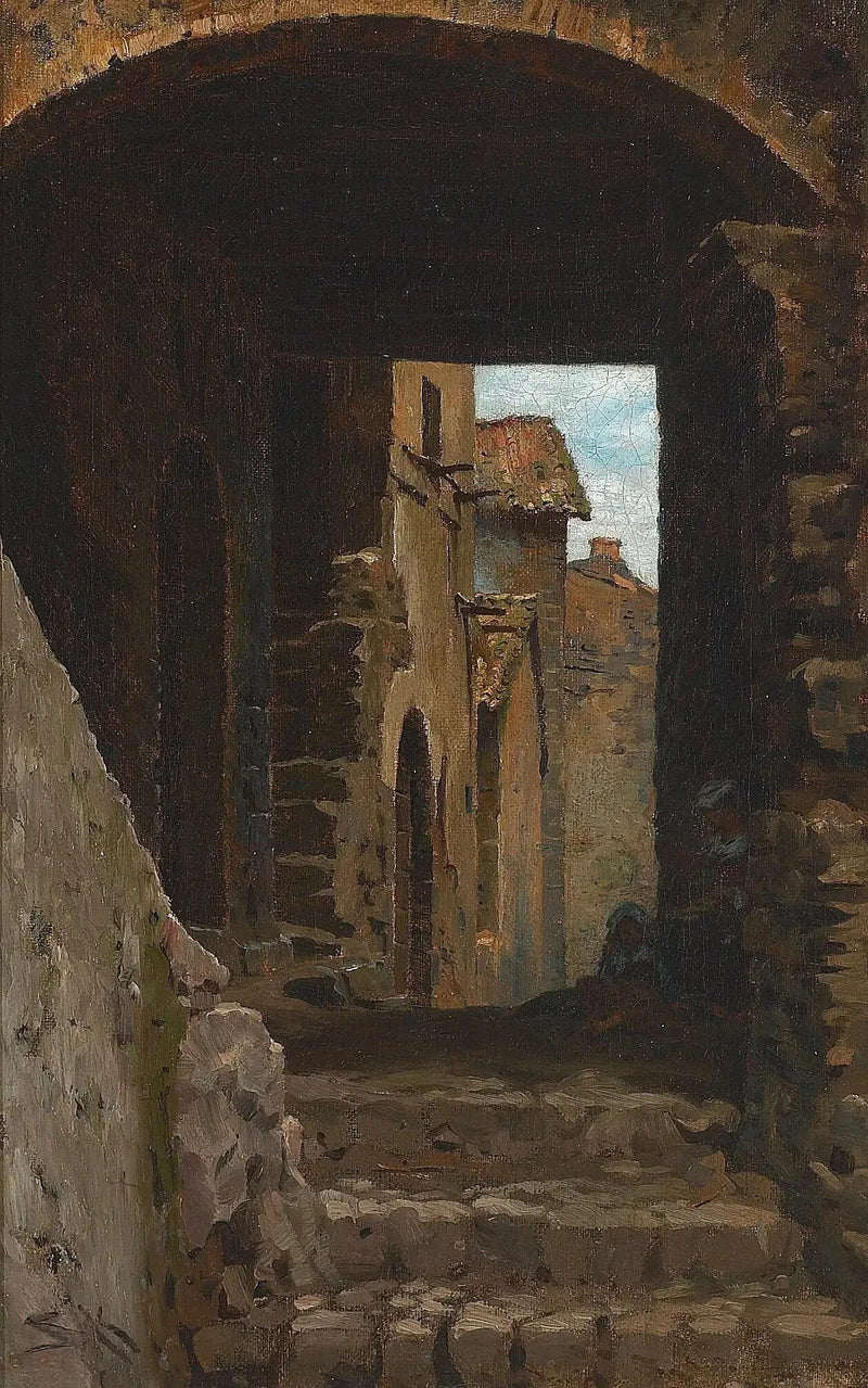 En smal gade med en kvinde og et barn i Torello, Ravello, Italien. - Peder Severin Krøyer