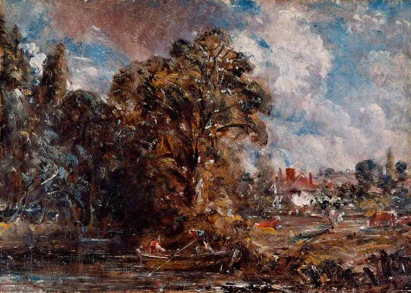 En flodscene med en gård ved vandkanten - John Constable
