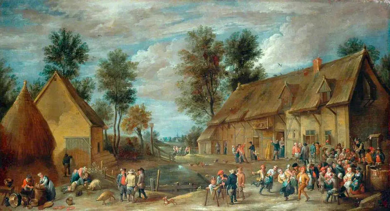 En landsby scene med bønder, der hygger sig foran en kro - David Teniers den Yngre