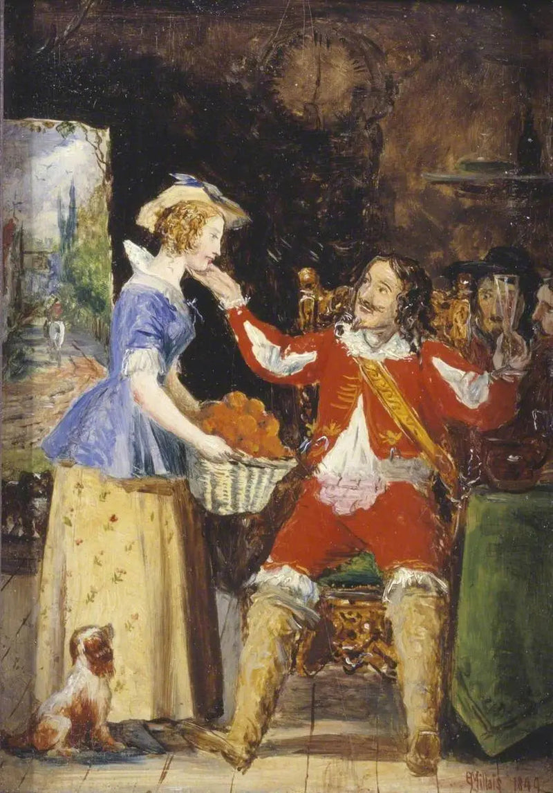 En tjener, der tilbyder en frugtkurv til en rytter - John Everett Millais