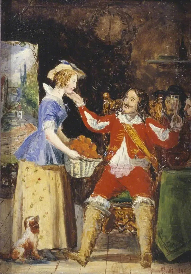 En tjener, der tilbyder en frugtkurv til en rytter - John Everett Millais
