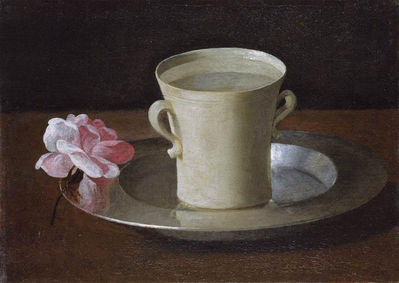 En kop vand og en rose på et sølvfad - Francisco de Zurbarán