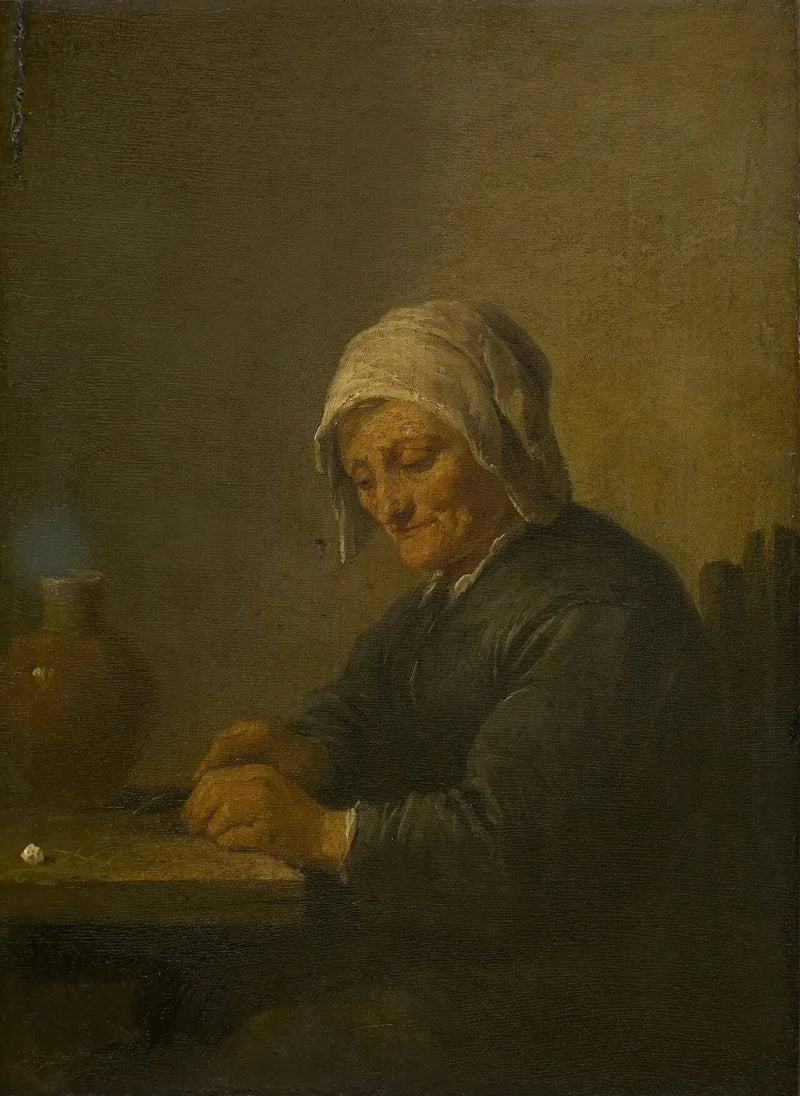 En gammel kvinde, der skærer tobak - David Teniers den Yngre