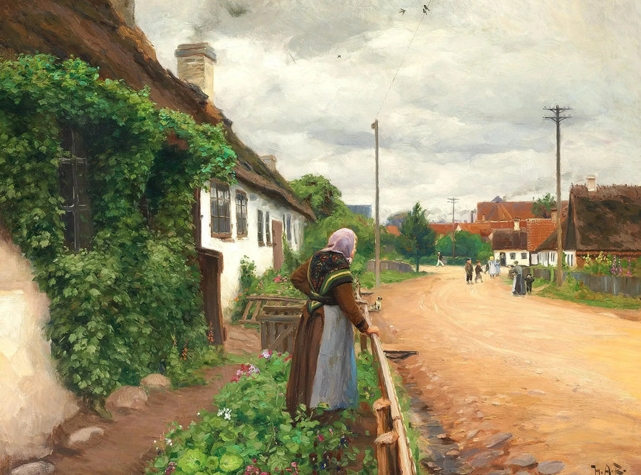 En gammel kvinde ser på landsbyens børn, mens de leger. - H. A. Brendekilde