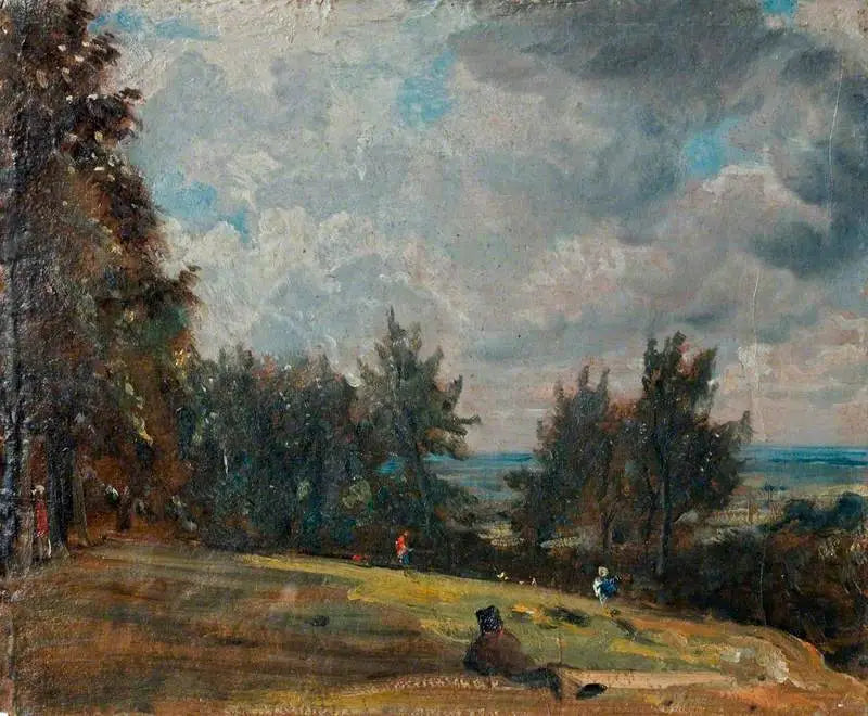 Et udsigt over Hampstead med træer og personer - John Constable