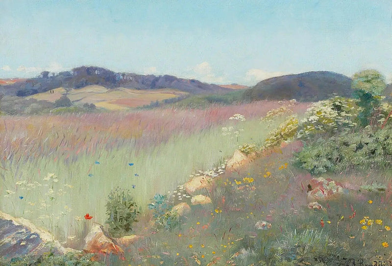 Et udsyn over et dansk sommerlandskab med blomster. - H. A. Brendekilde