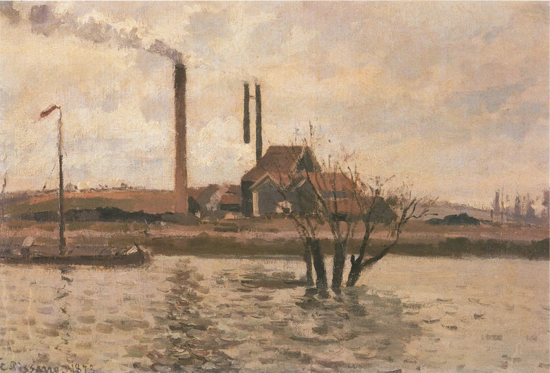 Fabrik i Saint-Ouen-l'Aumône, Oise-floden stiger - Camille Pissarro