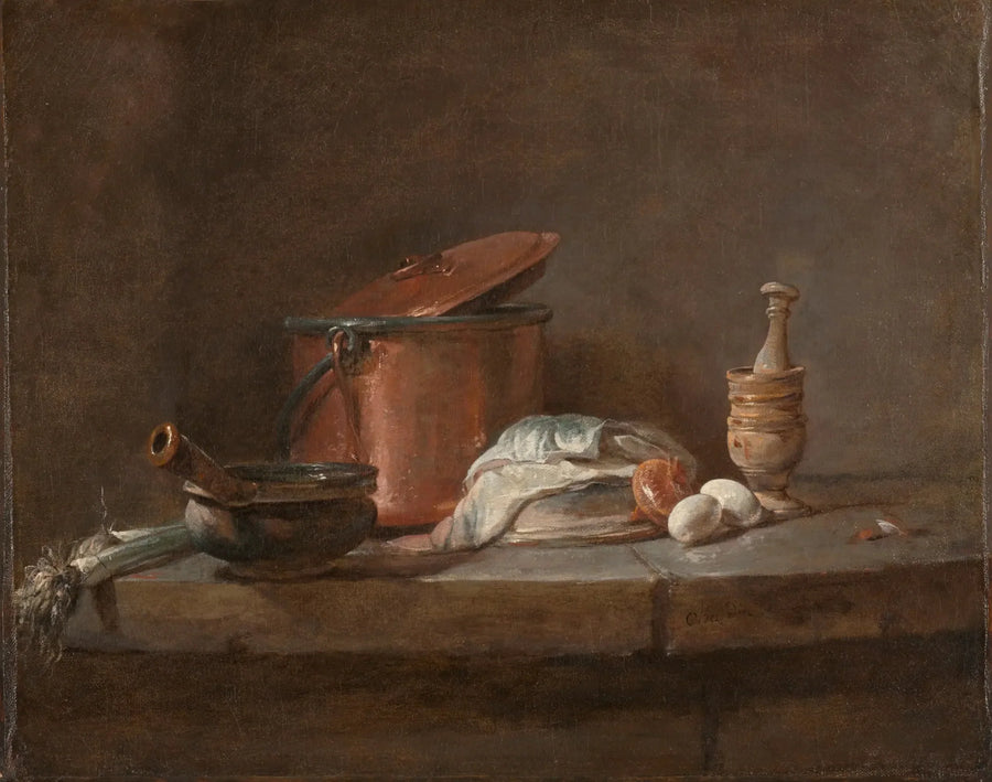 Køkkenredskaber med porrer, fisk og æg - Jean Siméon Chardin