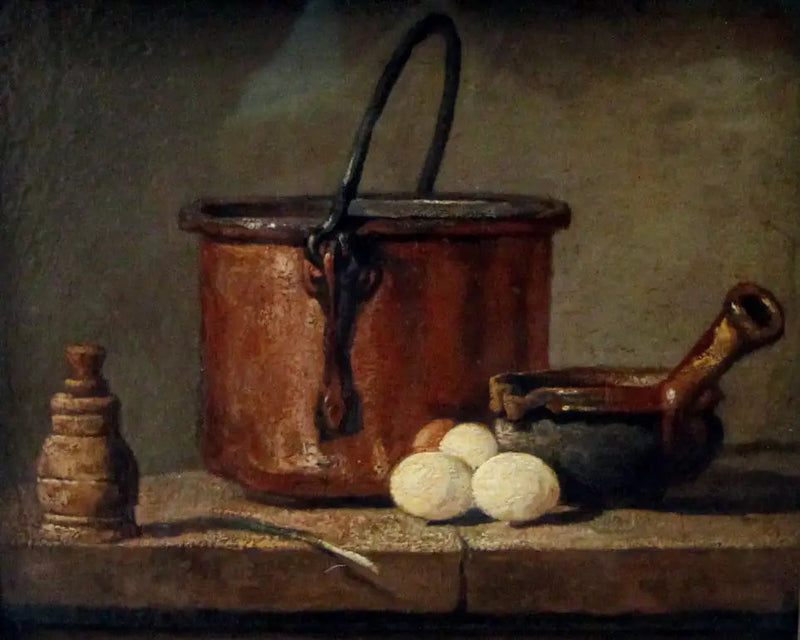 Køkkenredskaber, gryde, pande og æg - Jean Siméon Chardin