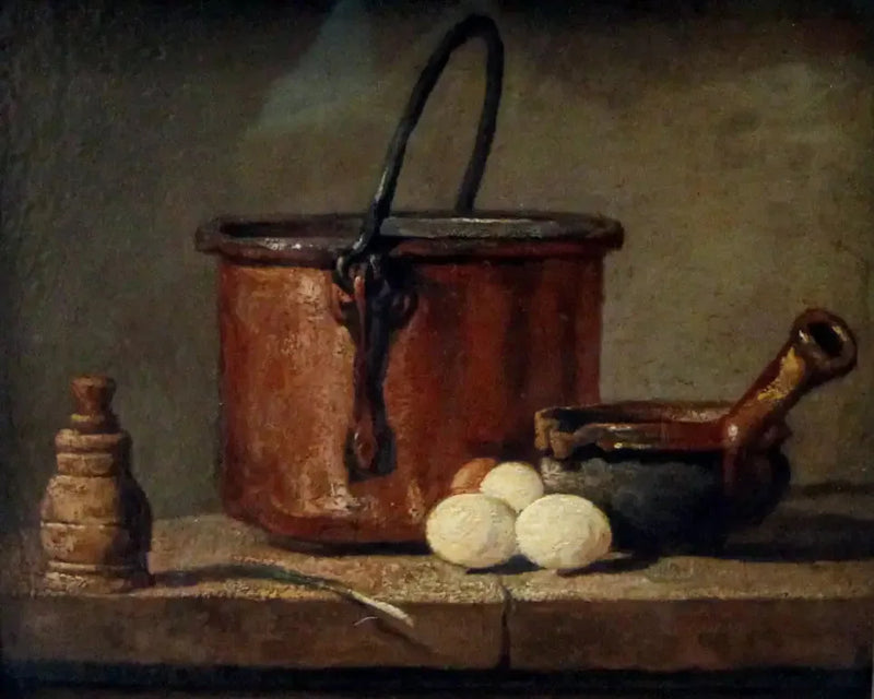 Køkkenredskaber, gryde, pande og æg - Jean Siméon Chardin