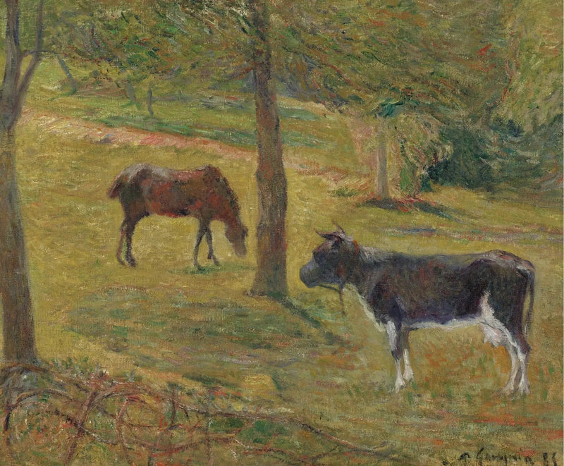 Ko og hest på en eng - Paul Gauguin