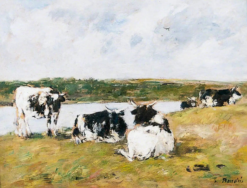 Køer ved bredden af en flod - Eugène Boudin