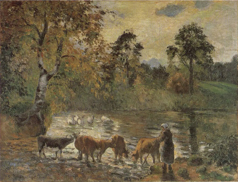 Køer, der drikker ved Montfoucault-søen - Camille Pissarro