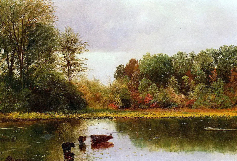 Køer, der drikker i et landskab - Albert Bierstadt