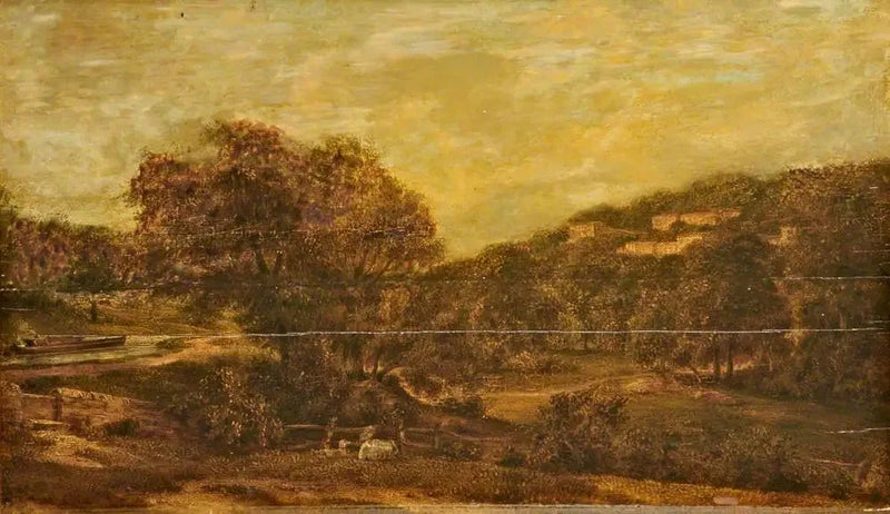 Vallée skov med en bæk og huse på skråningen af en bakke - John Constable