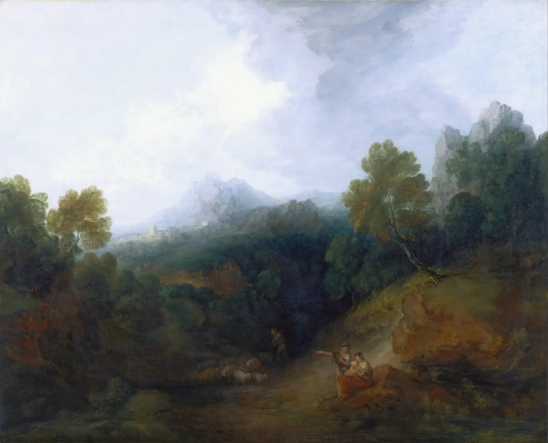 Bjergdal med personer og en fjern landsby - Thomas Gainsborough