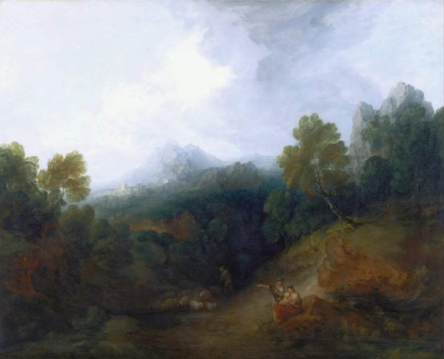 Bjergdal med personer og en fjern landsby - Thomas Gainsborough