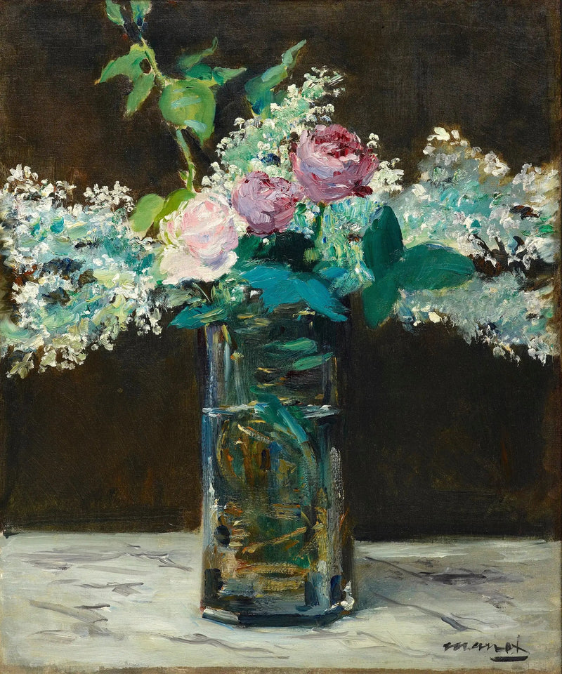 Vase med hvide syrener og roser - Édouard Manet
