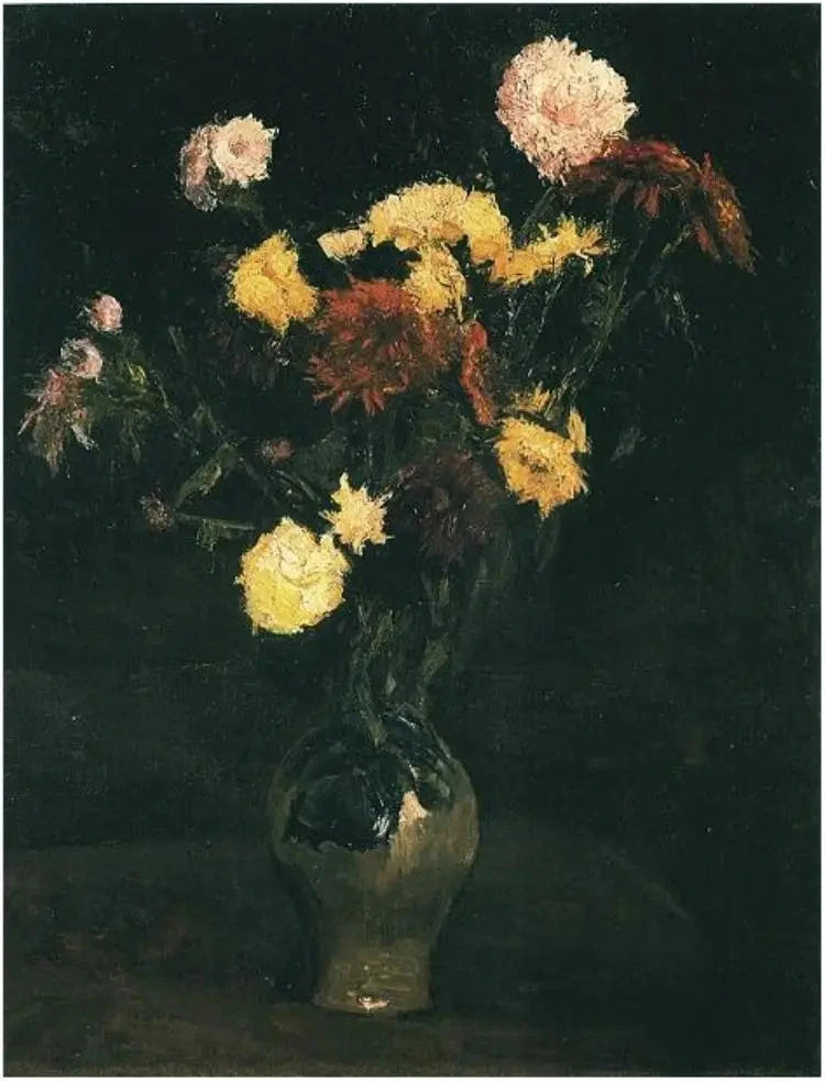 Vase avec œillets et zinnias F259 — bouquet jaune, blanc et rouge sur fond sombre peint par Vincent van Gogh