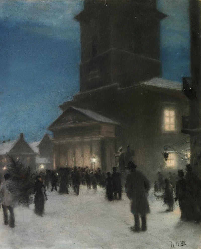 Juleaften foran Notre-Dame Kirke (Vor Frue Kirke) i København. - H. A. Brendekilde