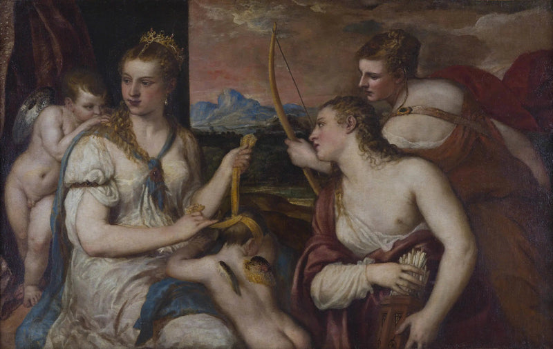 Venus bandende øjnene på Cupid - Titian