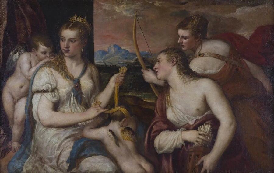 Venus bandende øjnene på Cupid - Titian