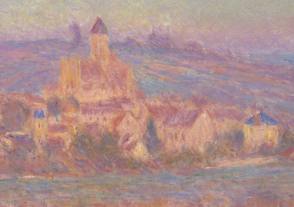 Détail de l’église, du village et des reflets dans Vétheuil au soleil couchant W1645