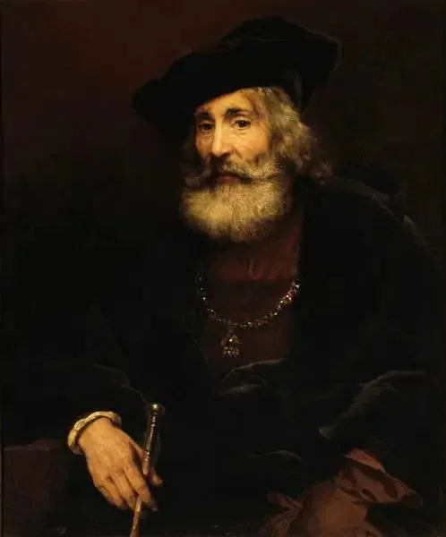 Gammel mand siddende med en stok i en fantasifuld dragt - Rembrandt