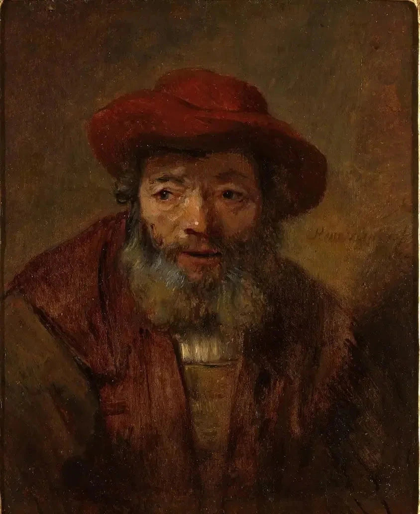 Portræt af en gammel mand med skæg og rød hat - Rembrandt
