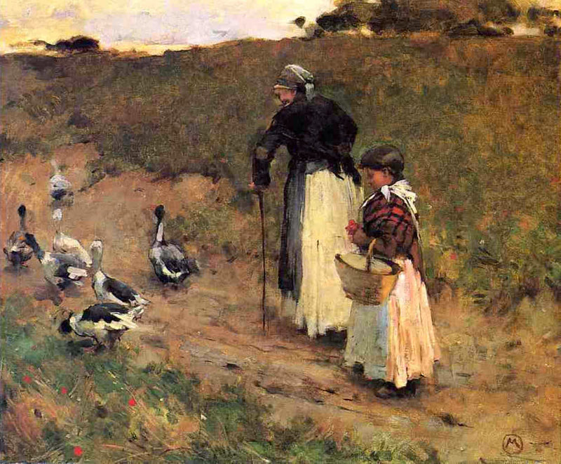 Gammel kvinde med et barn og en ælling - Willard Metcalf