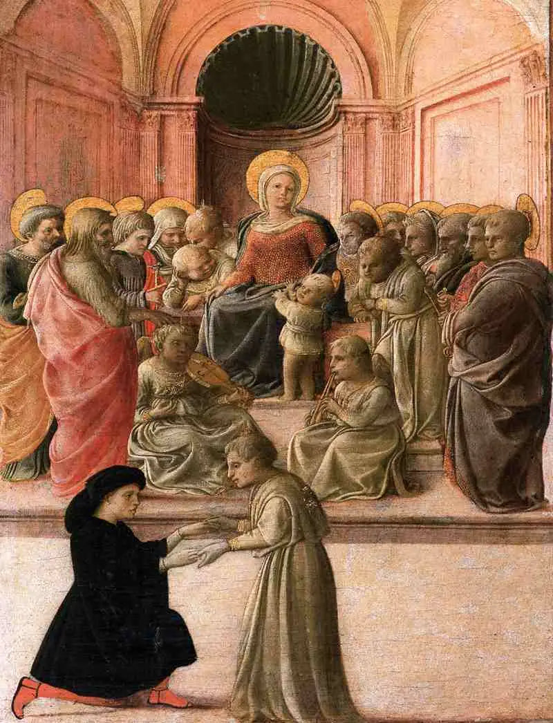 Jomfru med barnet med helgener, engle og en donator - Fra Filippo Lippi