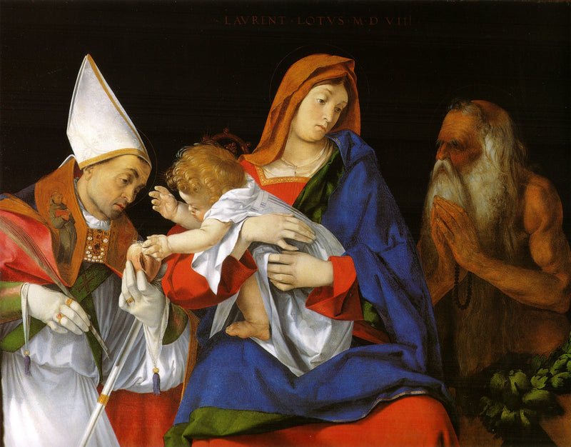 Jomfru med barnet med helgenerne Ignatius af Antiokia og Onuphrius - Lorenzo Lotto